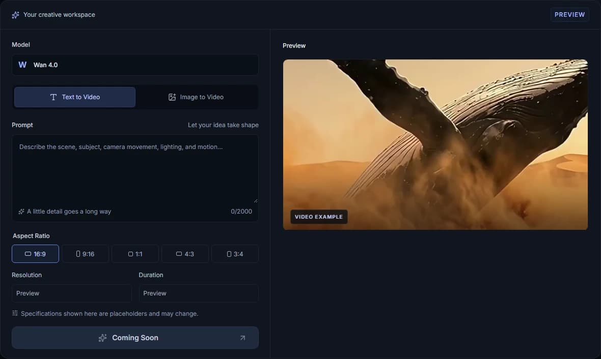 Wan 4.0 preview tool interface showing the model, prompt, aspect ratio, preview, and Coming Soon controls