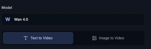 Wan 4.0 model field and Text to Video and Image to Video mode tabs