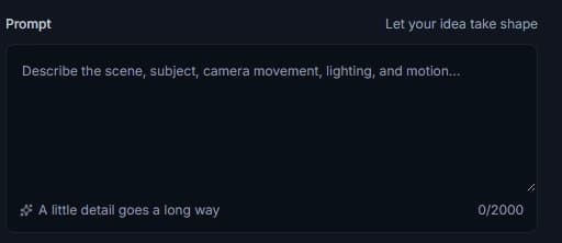 Wan 4.0 Prompt field with textarea, character counter, and prompt guidance